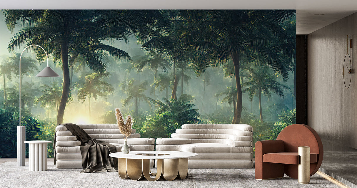 Misty palm paradise mural bringing depth to a minimal bedroom space