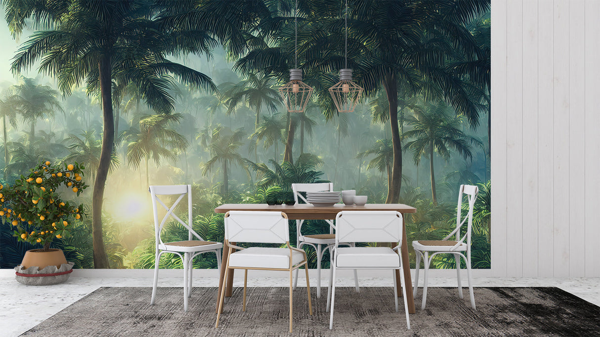 Palm tree wallpaper transforming a home office with peaceful tropical vibes