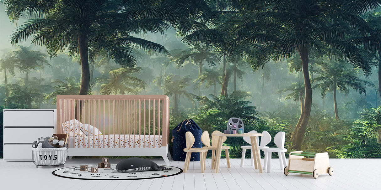 Jungle wallpaper creating a calm atmosphere in a yoga studio space