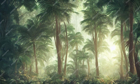 Design file showing detailed misty palm forest pattern with soft morning light effects