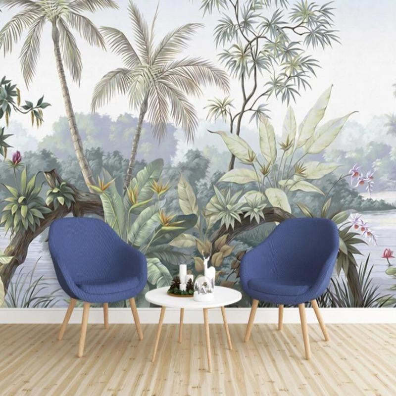 Misty tropical forest mural creating an elegant backdrop in a hotel lobby