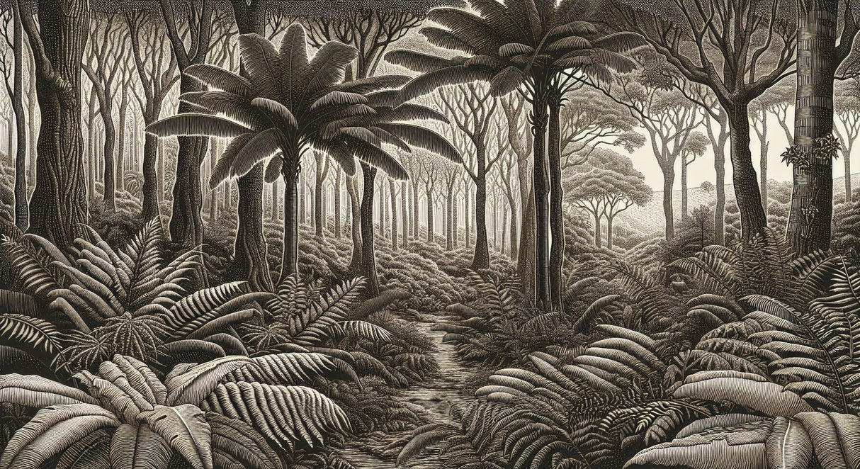 Monochrome tropical forest design file showing detailed jungle pattern with palm trees and ferns