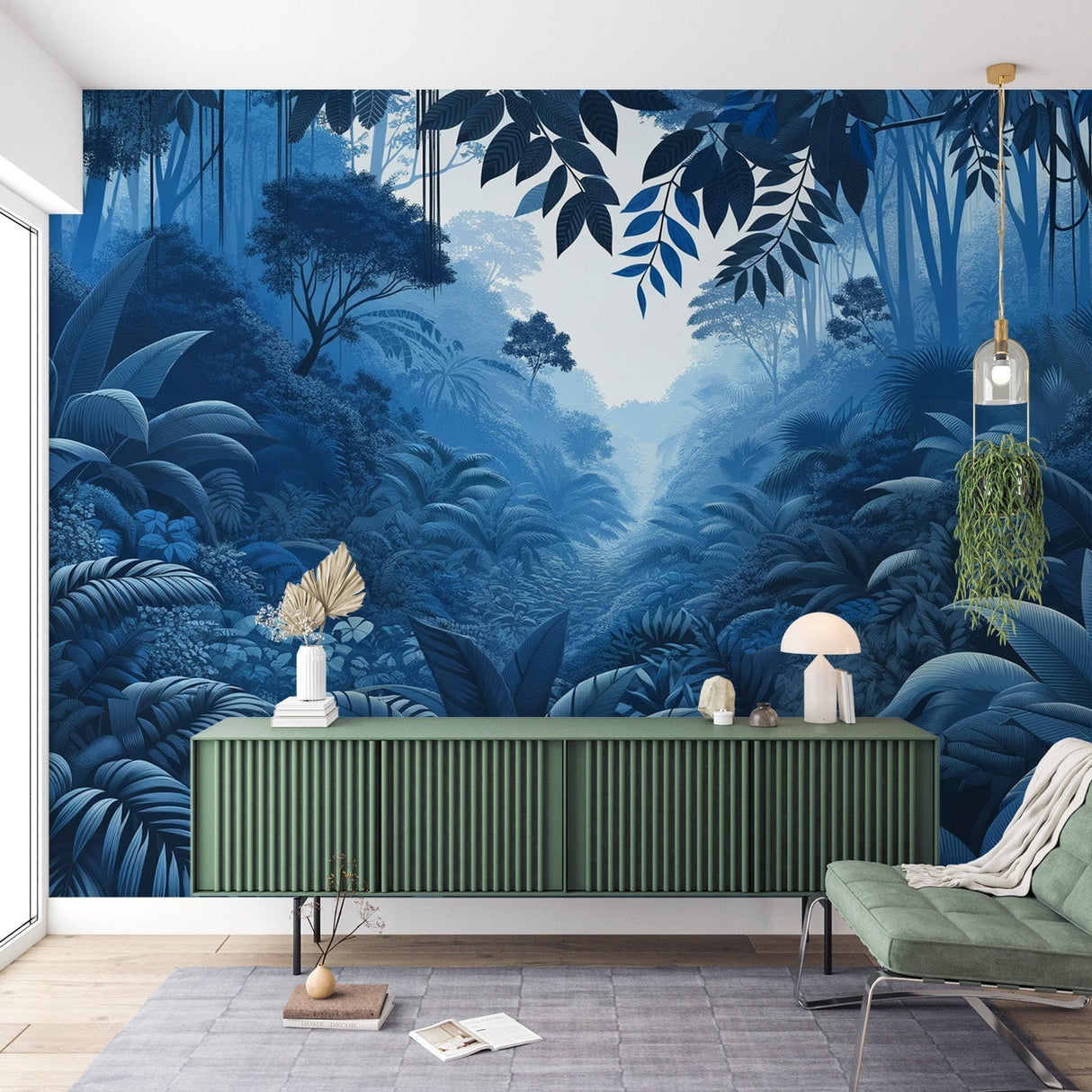 Tropical forest wallpaper in blue tones creating a calm atmosphere in a modern living room with natural light