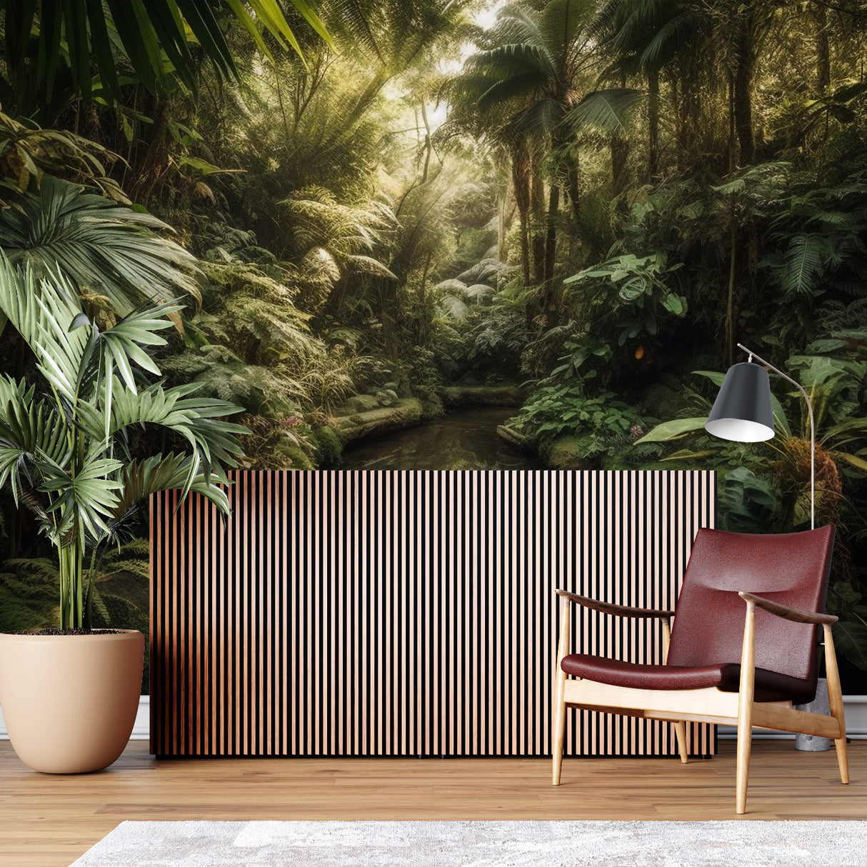 Sunlit jungle paradise mural creating depth in a cozy bedroom setting