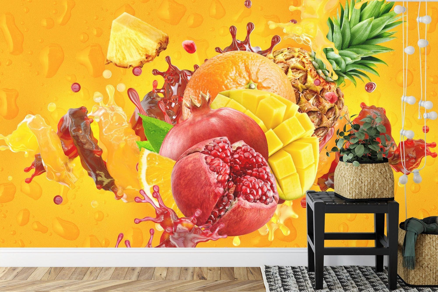 Tropical fruit wallpaper bringing fresh energy to a modern white kitchen, with sunlight highlighting the vibrant orange and red tones