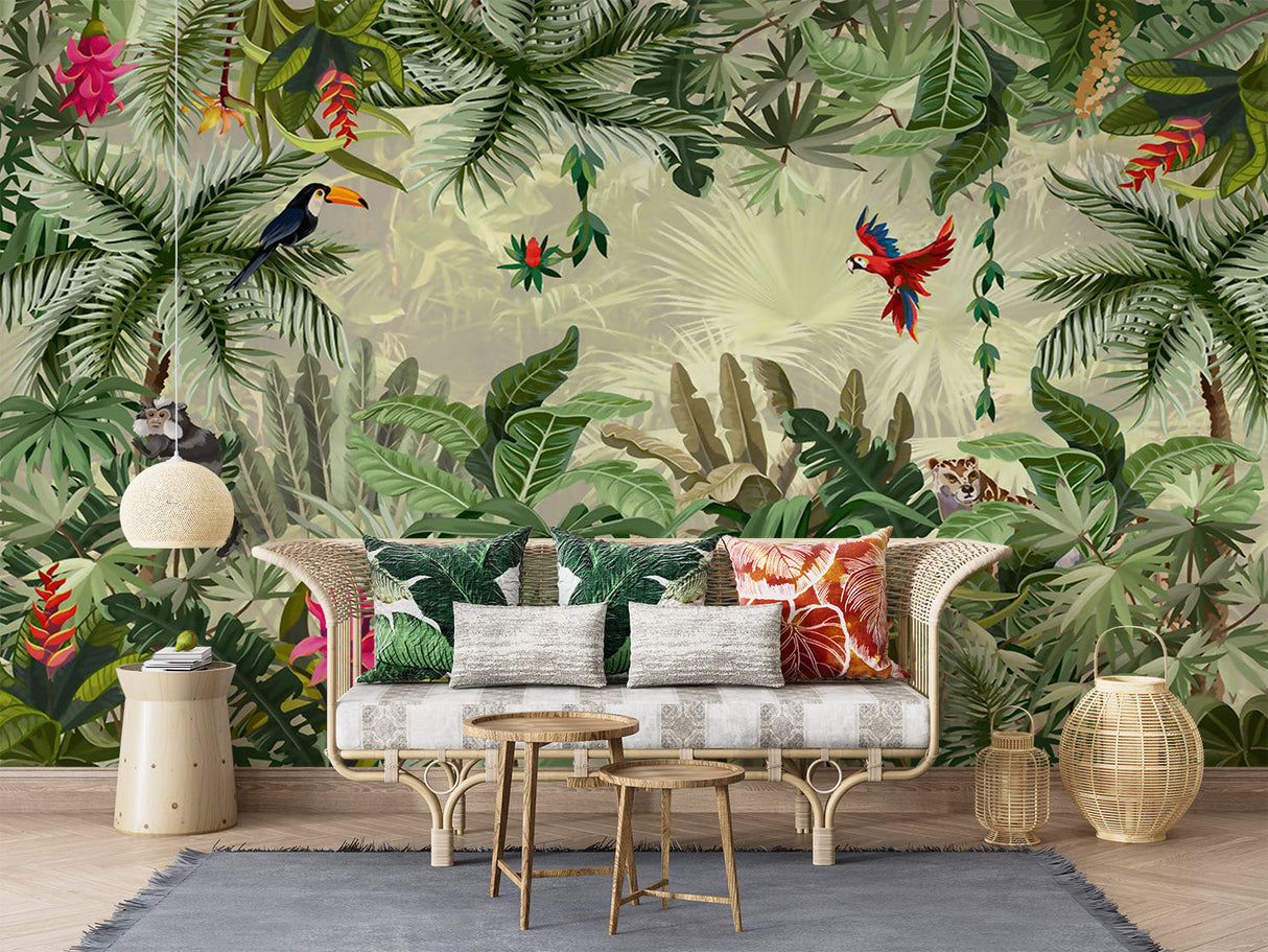 Tropical jungle wallpaper with exotic birds in modern living room, bright natural light enhancing vibrant colors