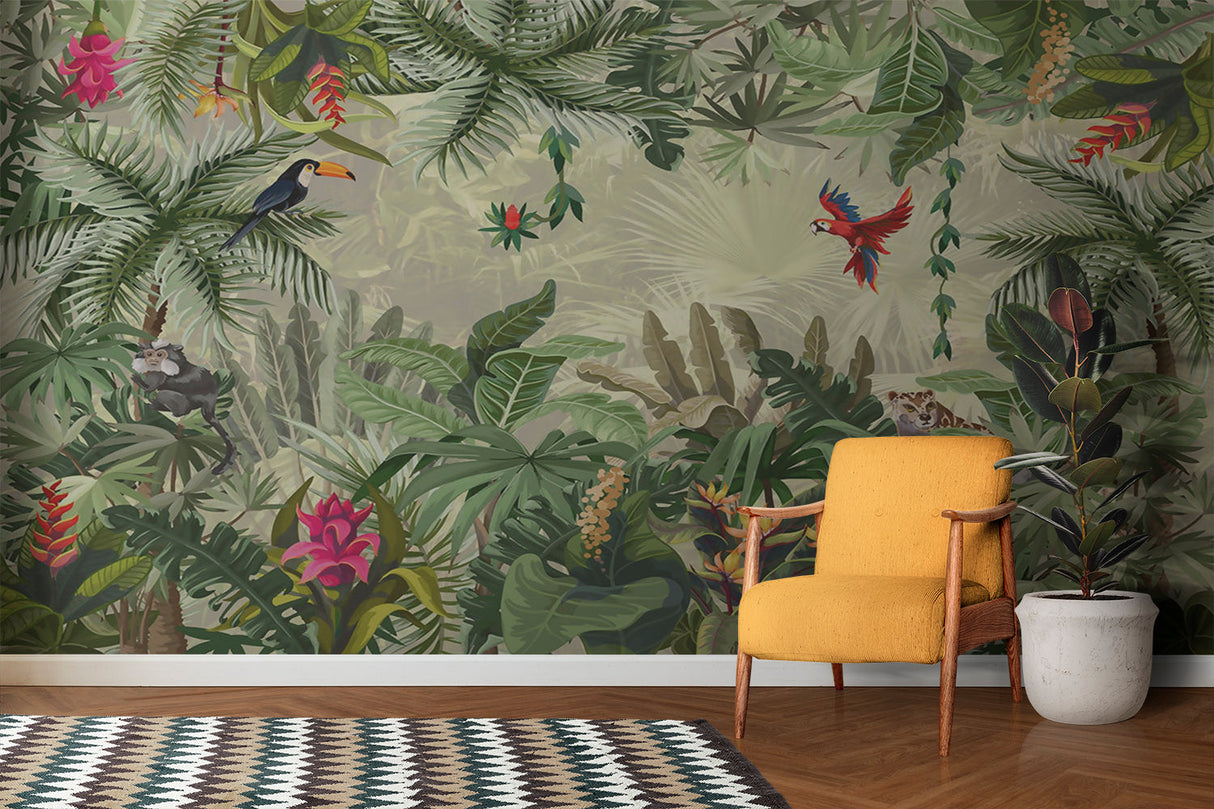Paradise birds wallpaper creating depth in dining room, perfect conversation starter
