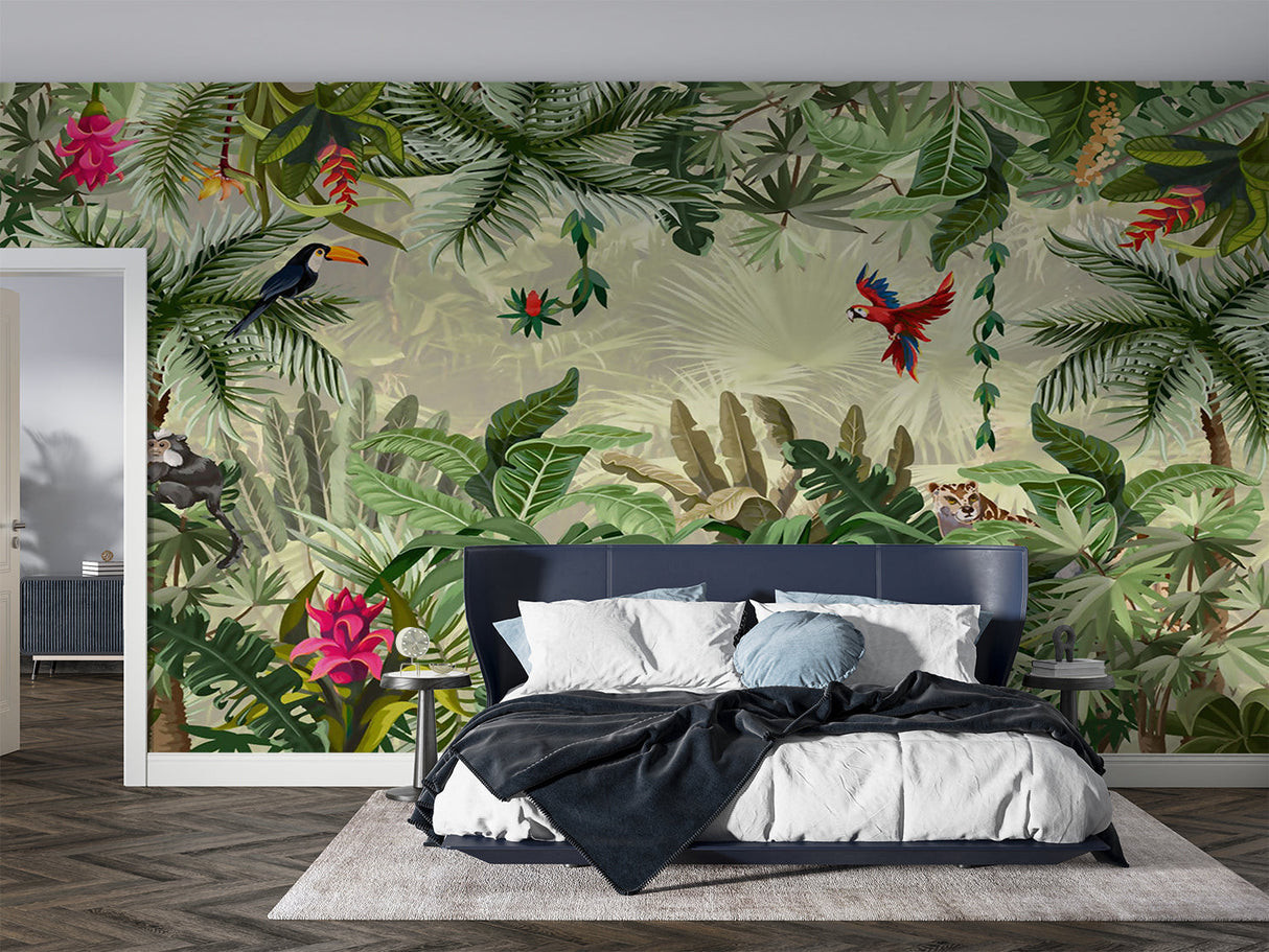 Tropical forest mural in bedroom, morning light highlighting exotic flowers