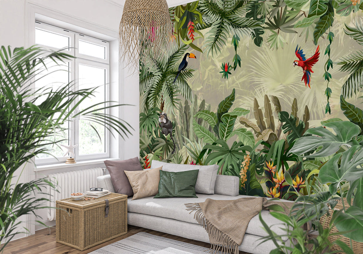 Jungle paradise wallpaper in home office, inspiring creative workspace