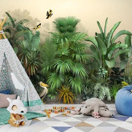 Tropical jungle wallpaper bringing life to a modern living room with green palm leaves and birds