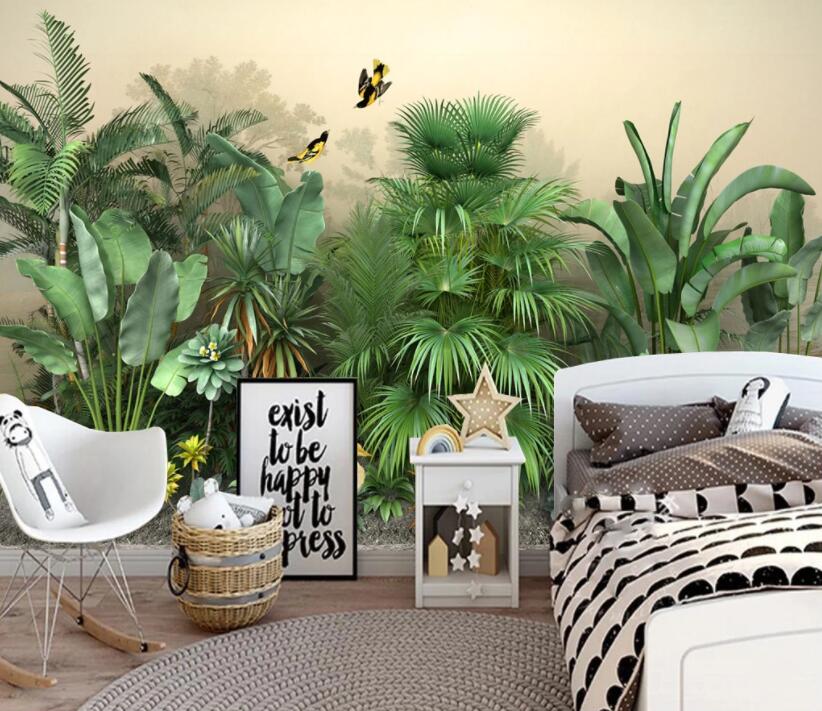 Peaceful bedroom with jungle bird wallpaper creating a natural green sanctuary