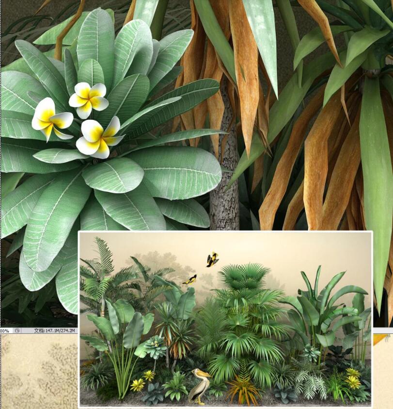 Home office featuring tropical palm wallpaper with soft green tones and birds