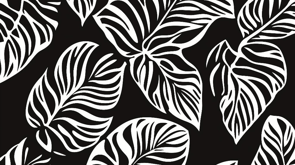Black and white tropical leaf pattern design file showing detailed botanical motifs