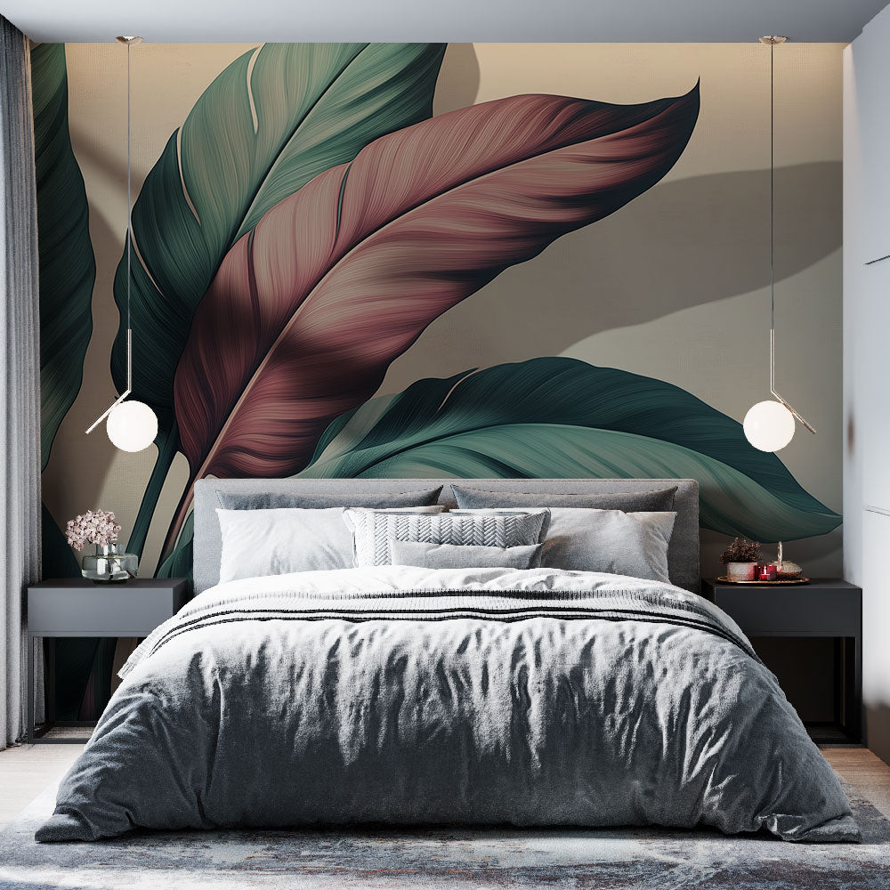 Tropical leaf wallpaper creating a fresh statement wall in a modern living room with natural light and minimal furniture