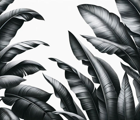 Tropical leaf wallpaper design file showing detailed black and white banana leaves pattern