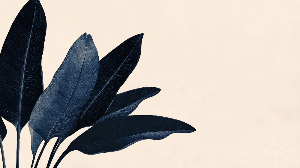 Large-scale navy blue banana leaves pattern on beige background - design file