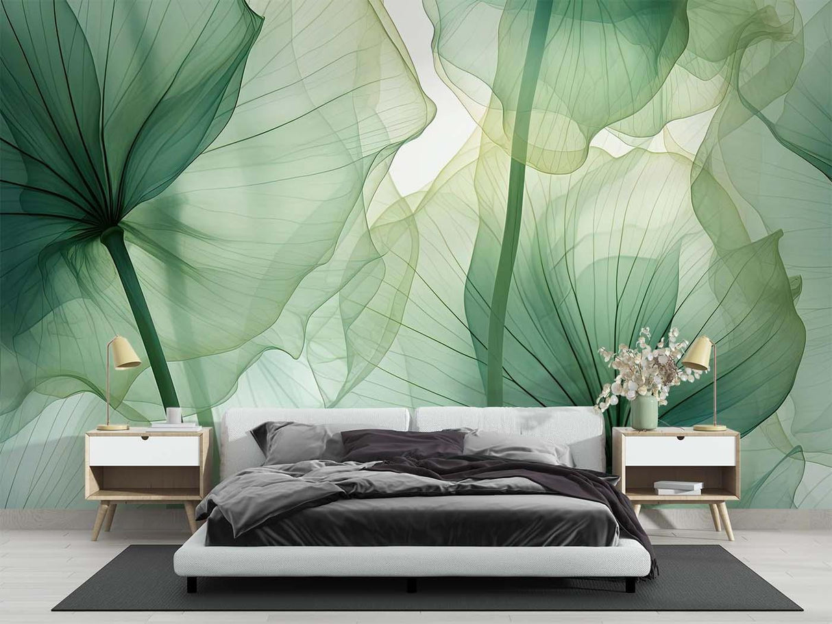 Tropical leaf wallpaper creating a calm atmosphere in a modern living room with natural light
