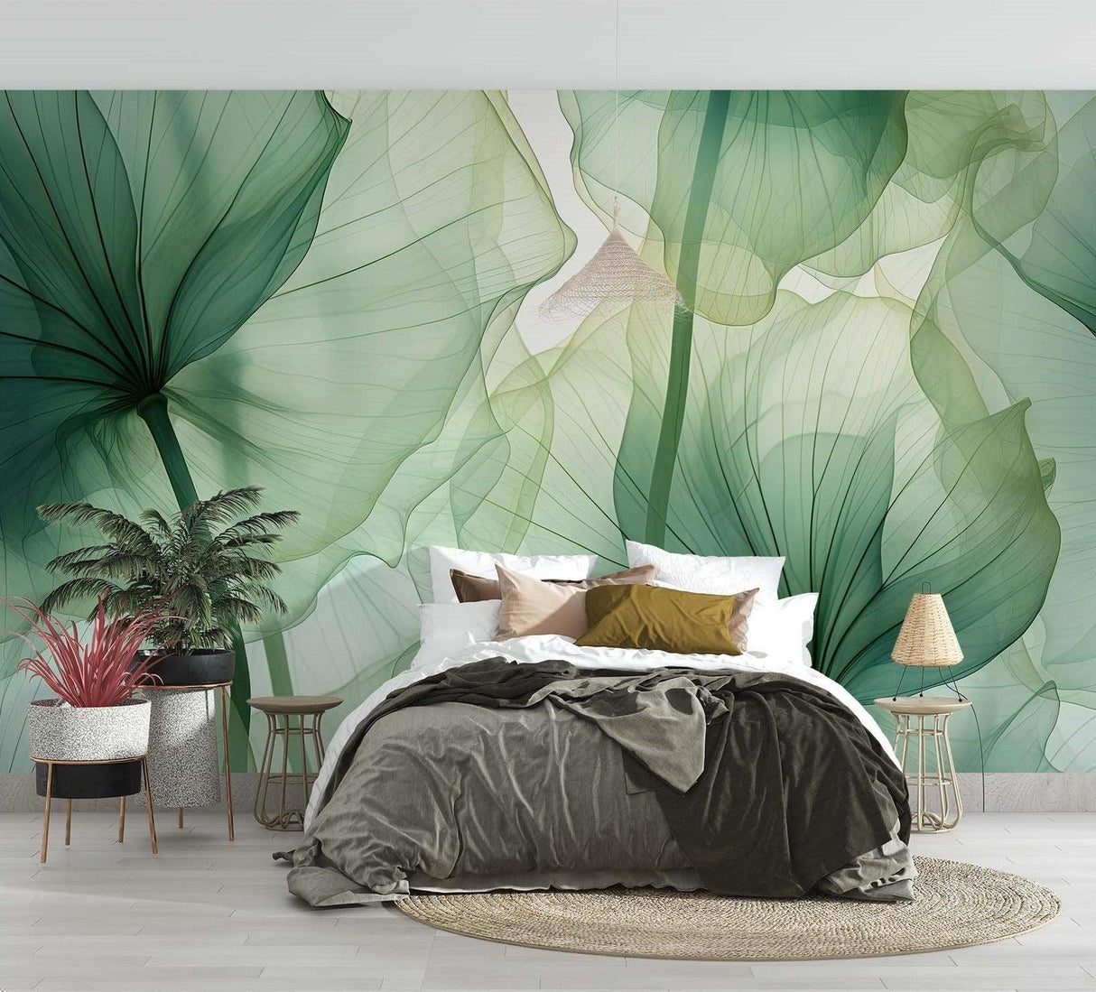 Botanical wall mural with translucent green leaves in a master bedroom setting