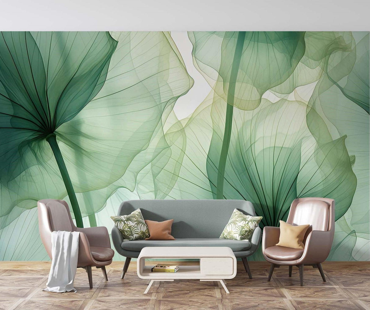 Large leaf wallpaper transforming a home office with soft green tones