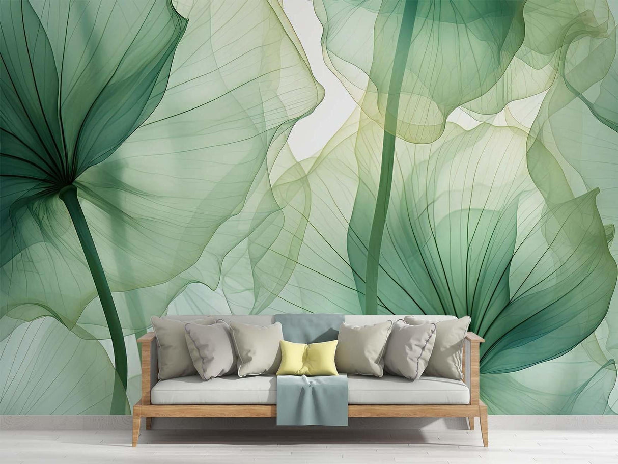 Green leaf mural creating a spa-like atmosphere in a modern bathroom