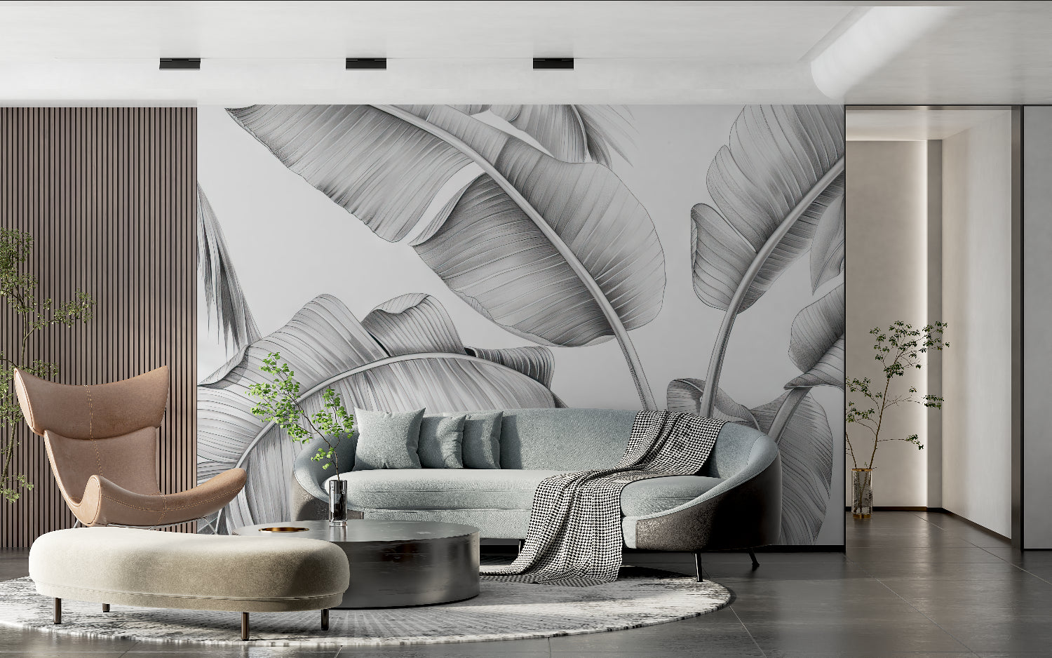 Botanical wall mural in minimalist bedroom showing scale of leaf pattern