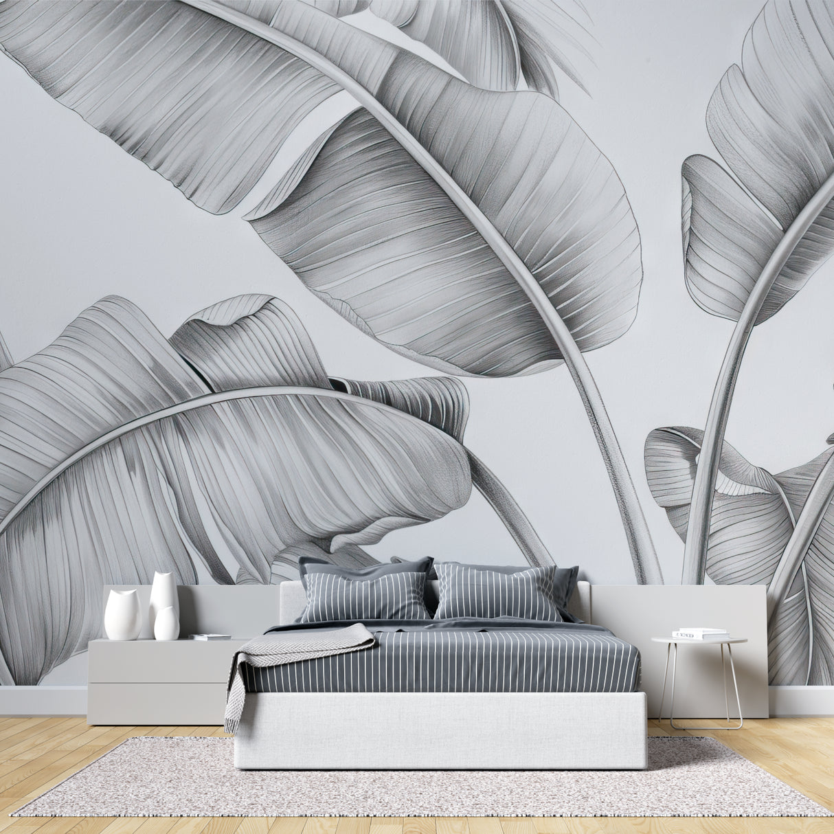 Tropical leaf wallpaper featured in dining room with modern furniture
