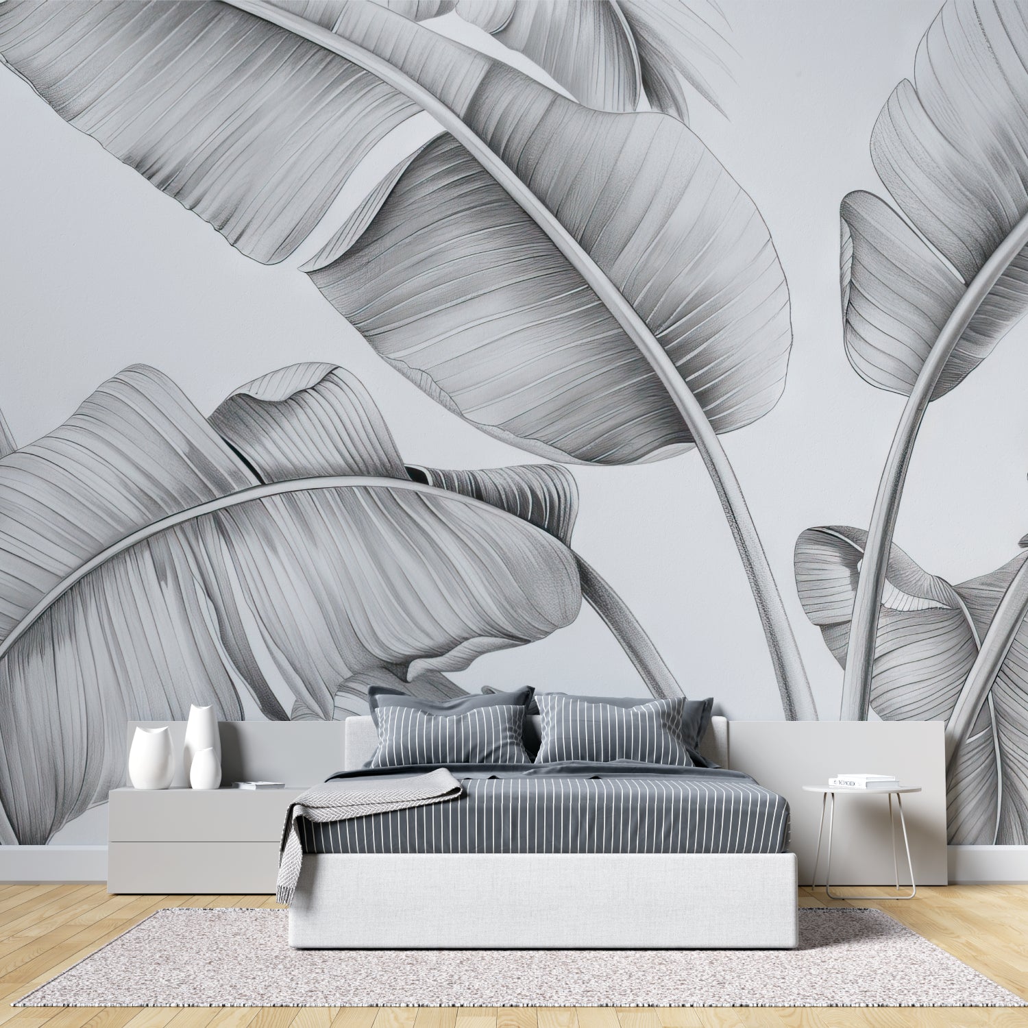 Tropical leaf wallpaper featured in dining room with modern furniture