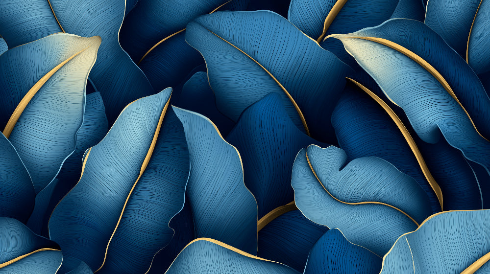 Tropical leaves pattern design file with marine blue palm leaves and golden art deco details