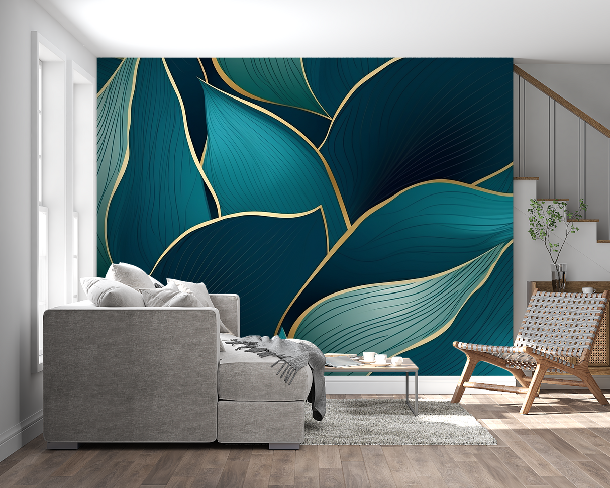 Statement wall with art deco leaf pattern in home office setting