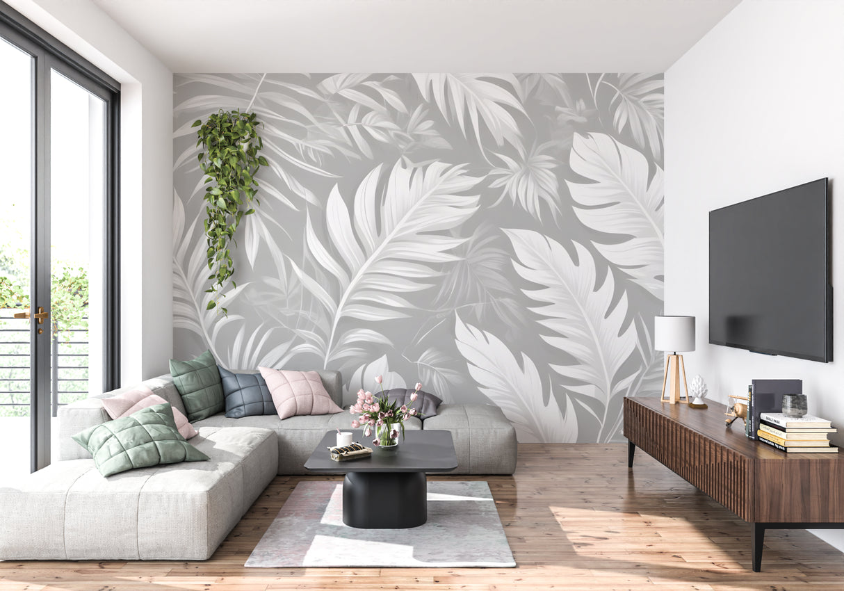 Tropical leaf wallpaper in modern grey living room showing floating monstera pattern