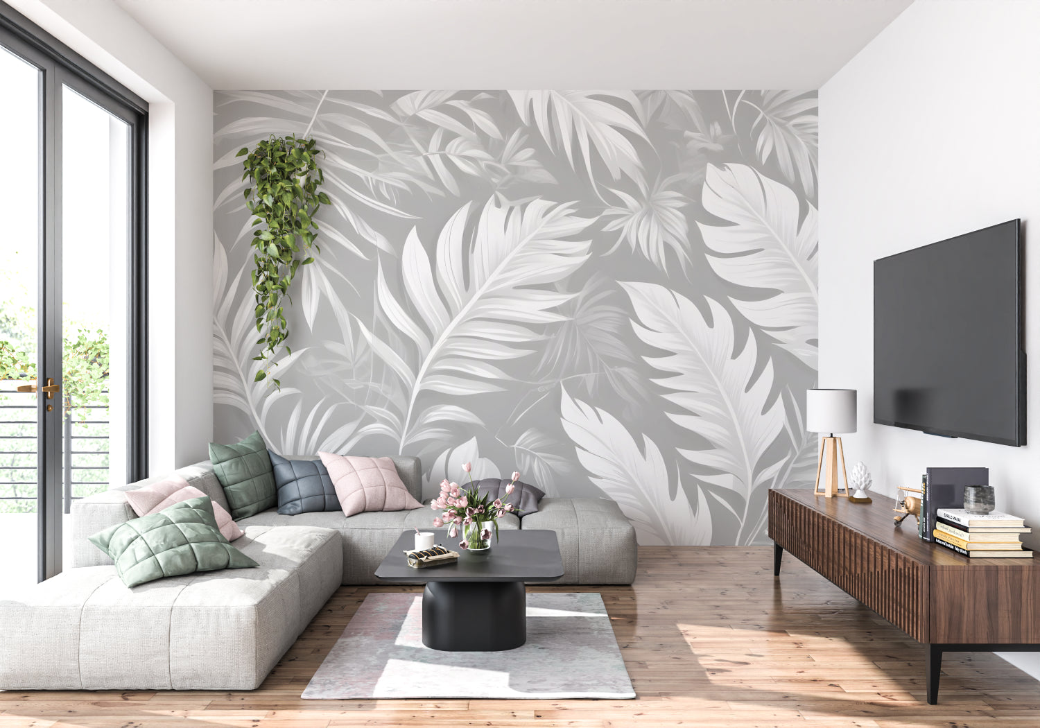 Tropical leaf wallpaper in modern grey living room showing floating monstera pattern
