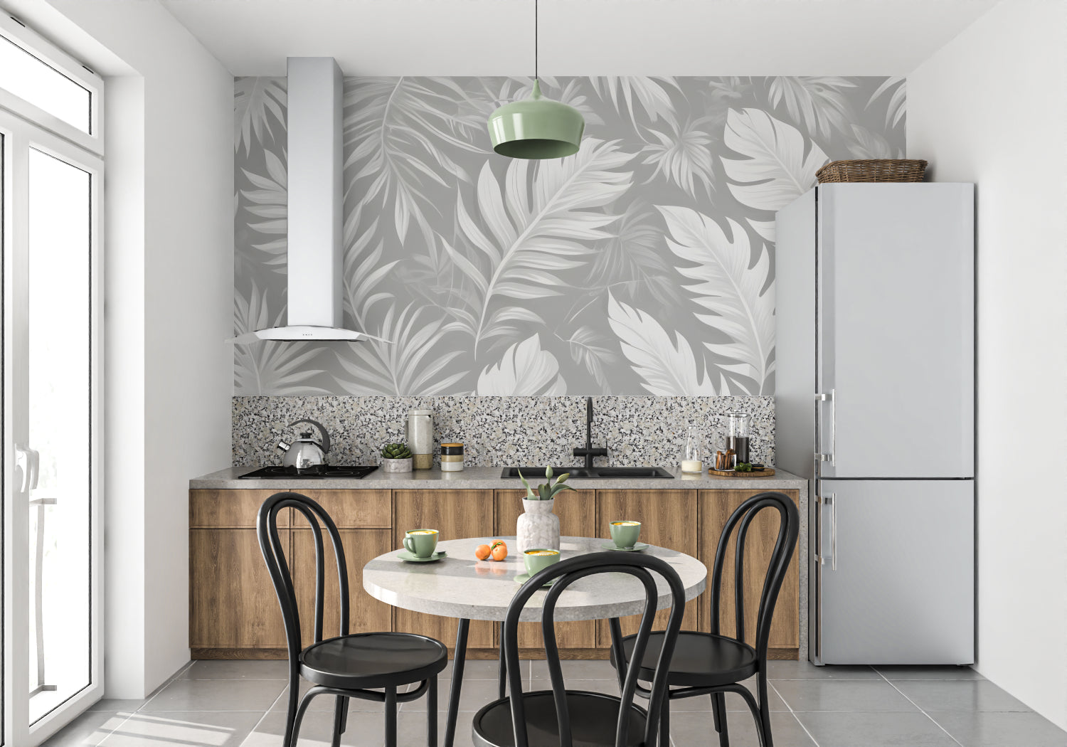 Grey botanical wallpaper in minimalist bedroom creating calm atmosphere