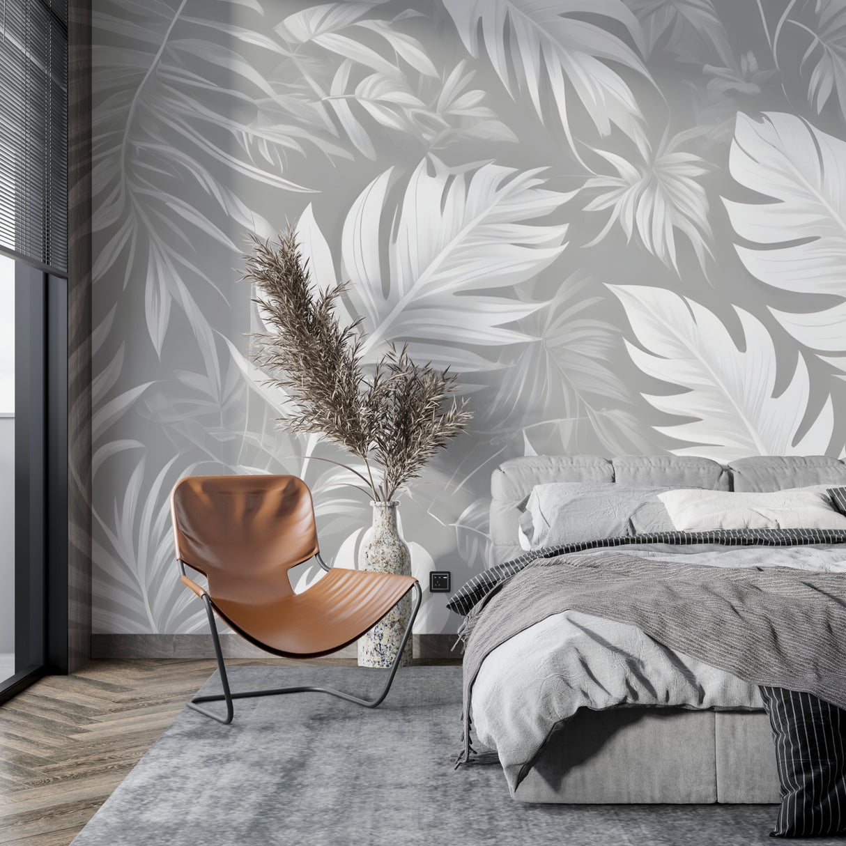 Modern leaf mural in dining room with natural light highlighting pattern