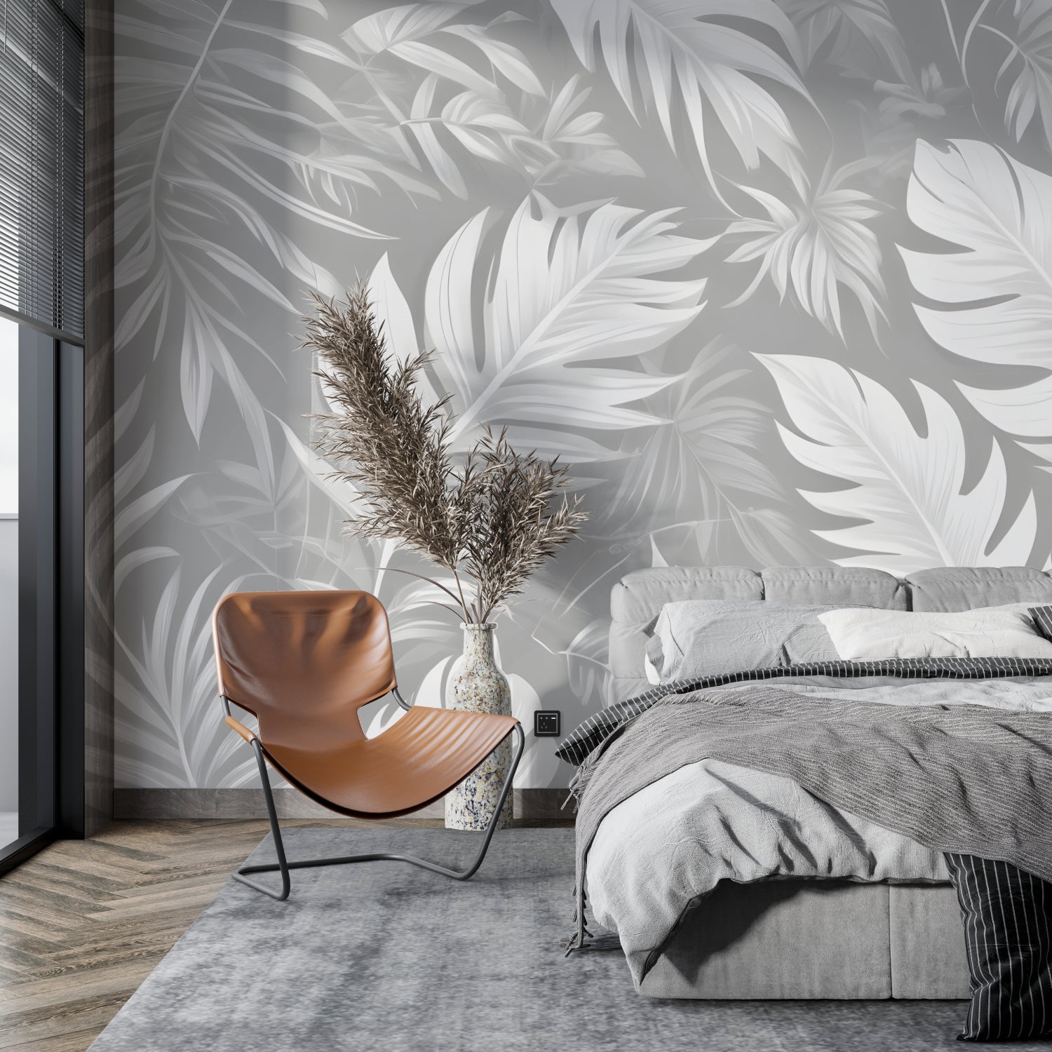 Modern leaf mural in dining room with natural light highlighting pattern