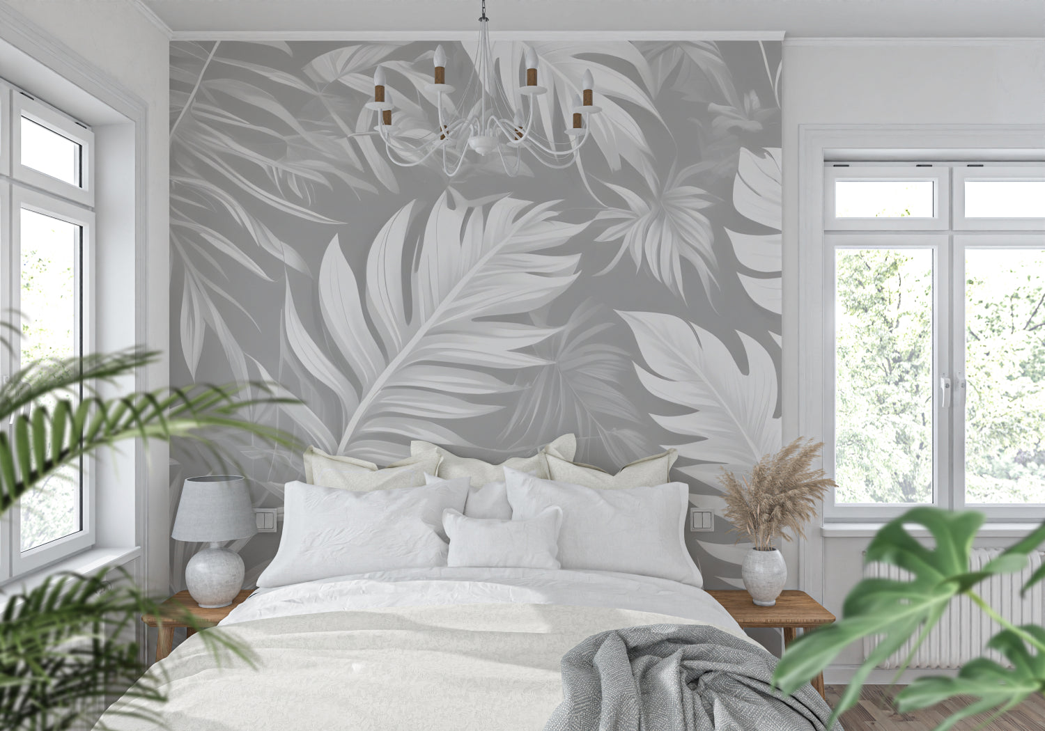Tropical wall mural in home office showing scale of leaf design