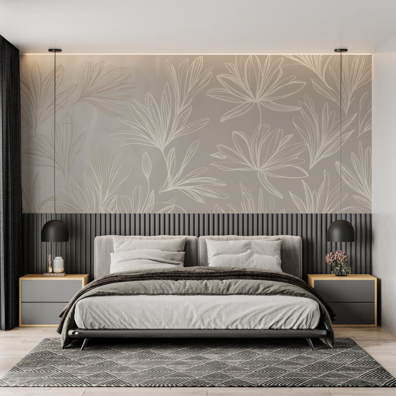 Modern home office with beige tropical leaf wall mural showing clean lines