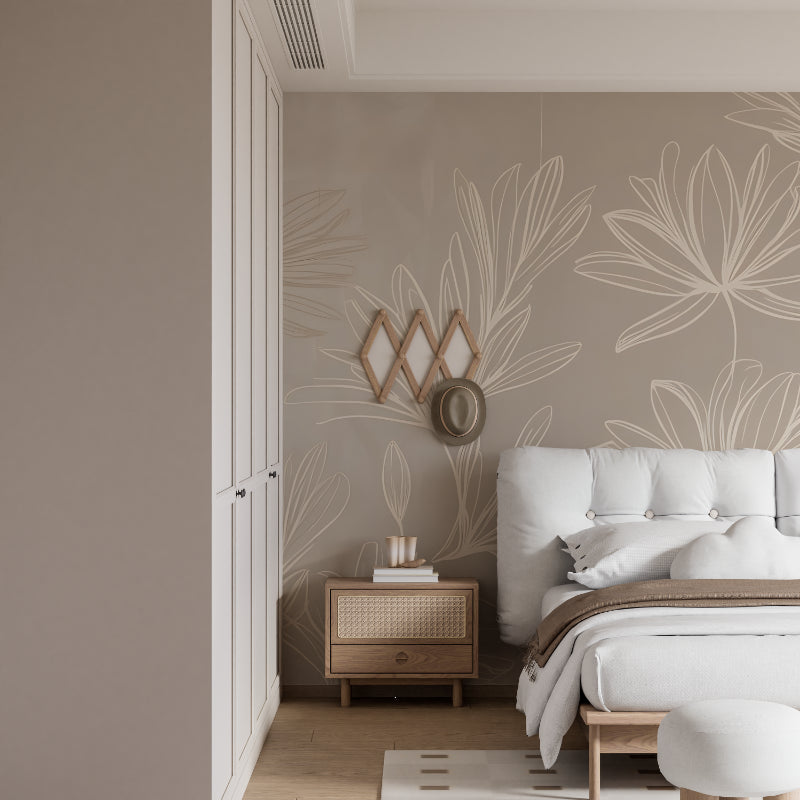 Dining room featuring botanical line art wallpaper in soft beige tones