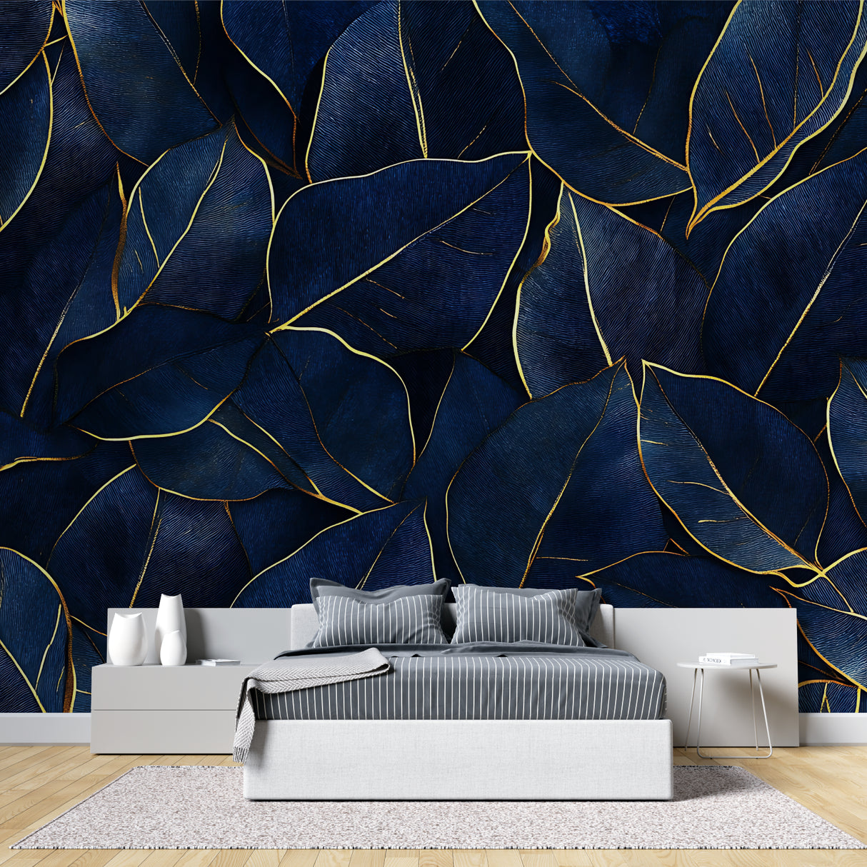 Navy and gold tropical leaf wallpaper in modern dining room showing luxury metallic details