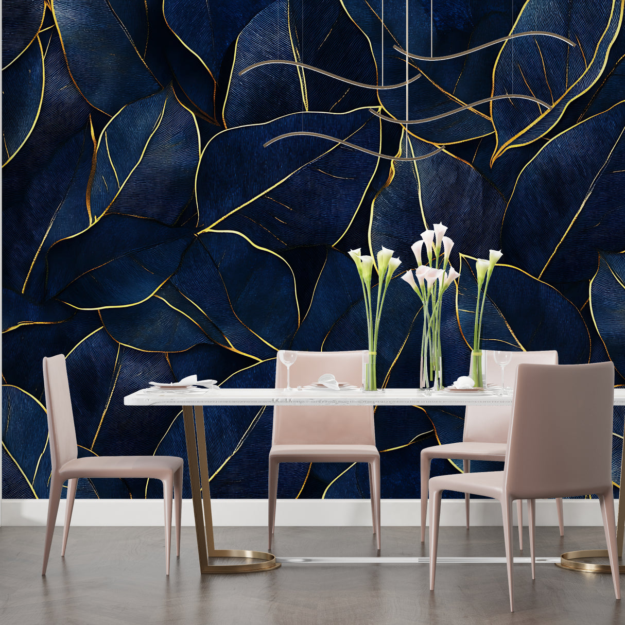 Tropical leaf wall mural with navy and gold design in master bedroom setting