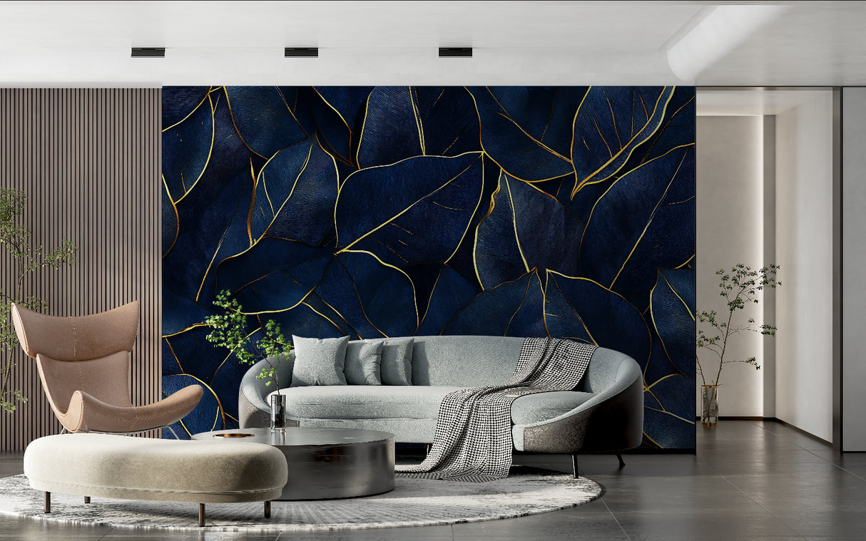 Navy blue and gold leaf wallpaper creating elegant home office backdrop