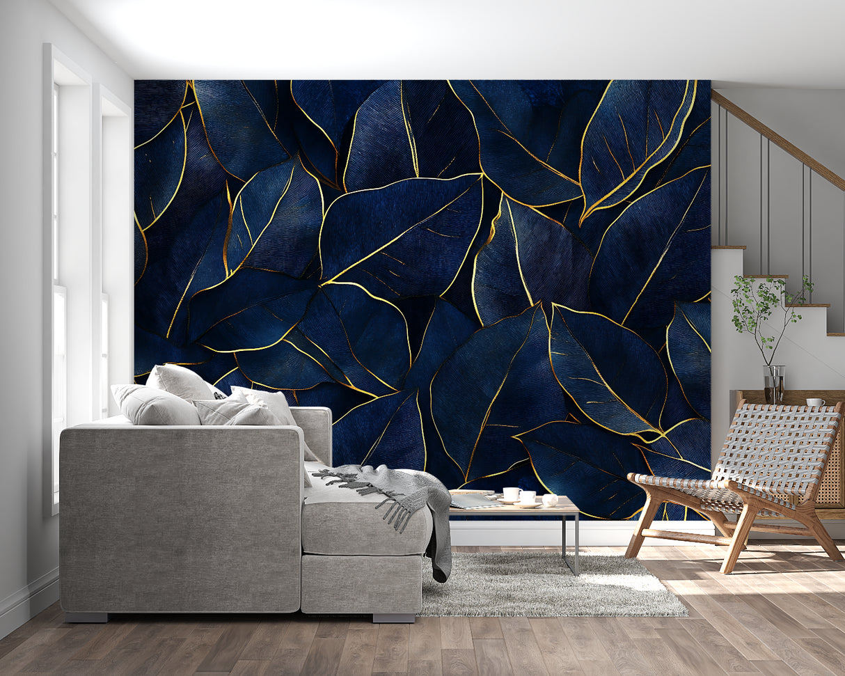 Metallic gold leaf pattern on navy background in modern living room setting