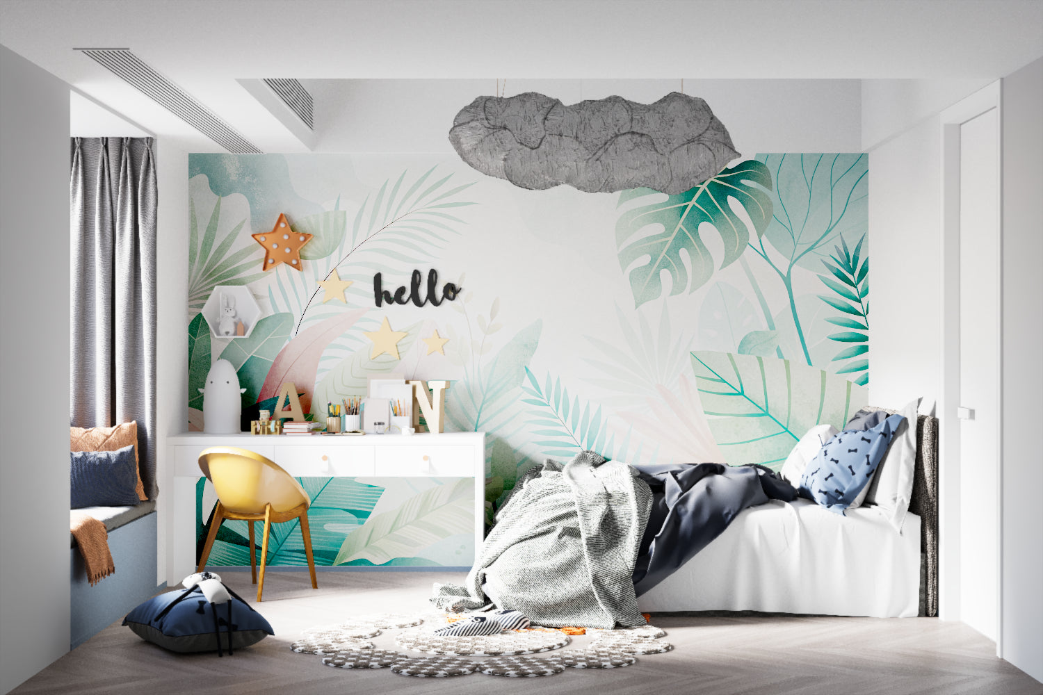 Monstera leaf wallpaper adding a calm feeling to a bedroom with white furniture