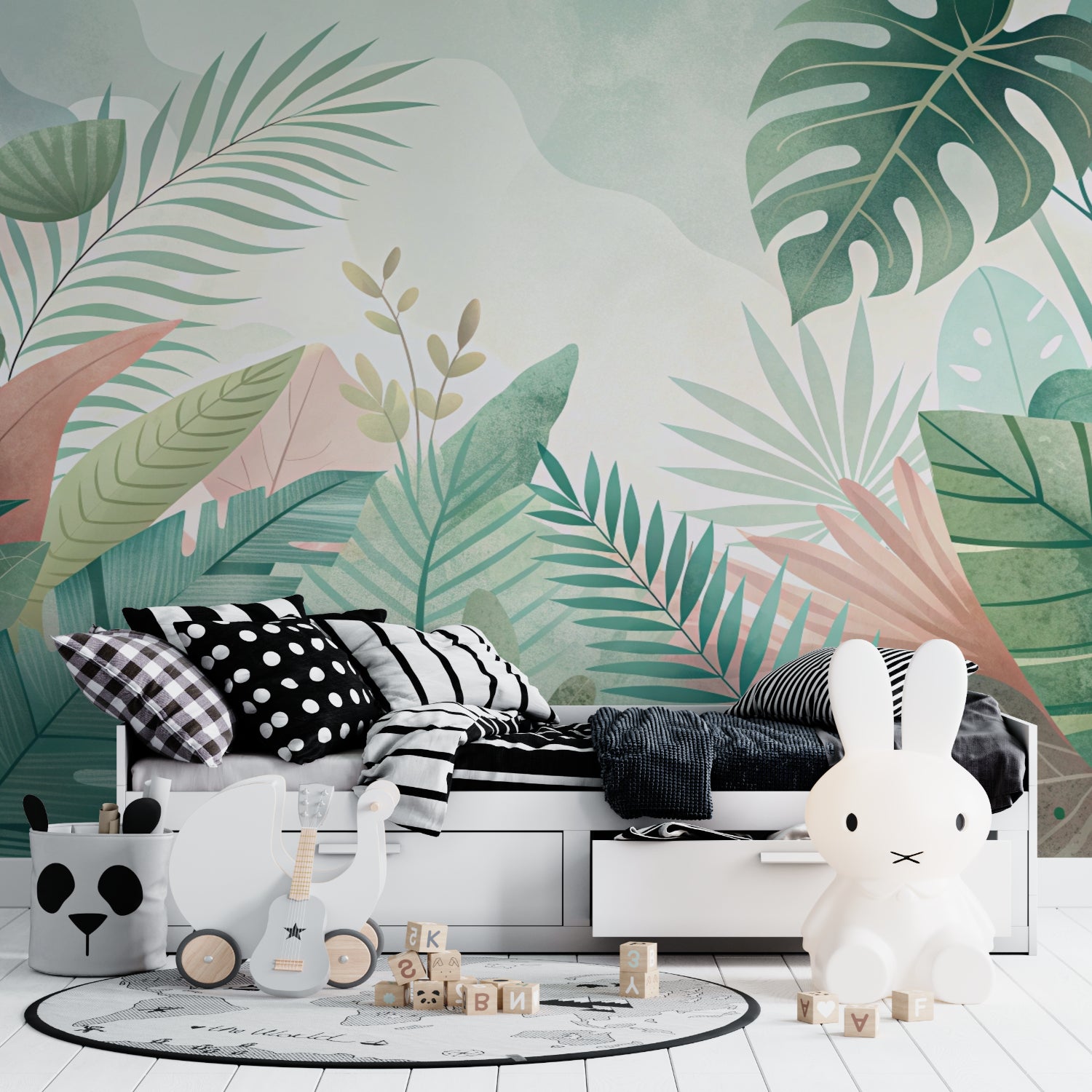 Soft green monstera wallpaper making a dining room feel fresh and inviting