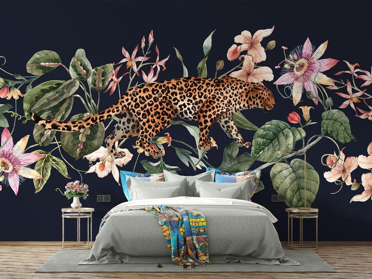 Tropical leopard wallpaper creating drama in modern living room with green accents