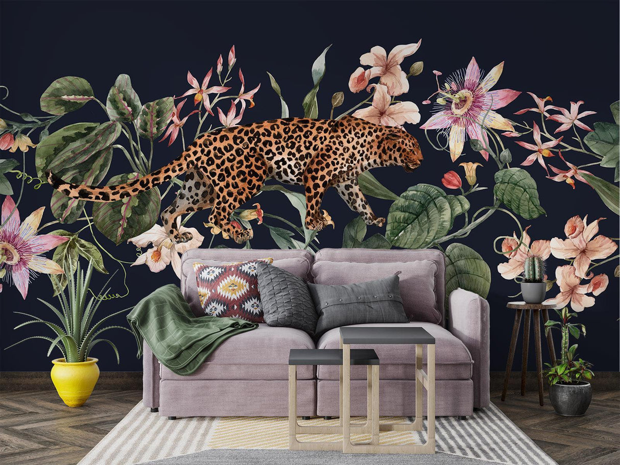 Exotic leopard wall mural bringing jungle vibes to master bedroom