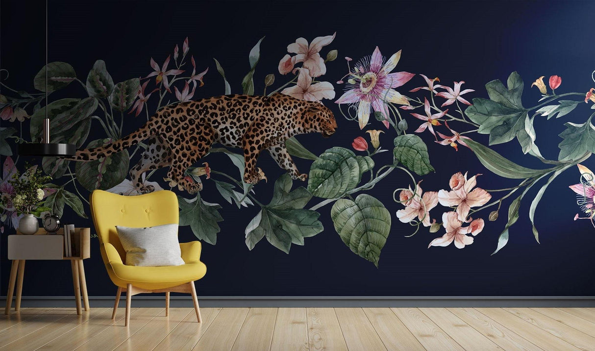 Jungle leopard wallpaper making statement in luxury hotel lobby