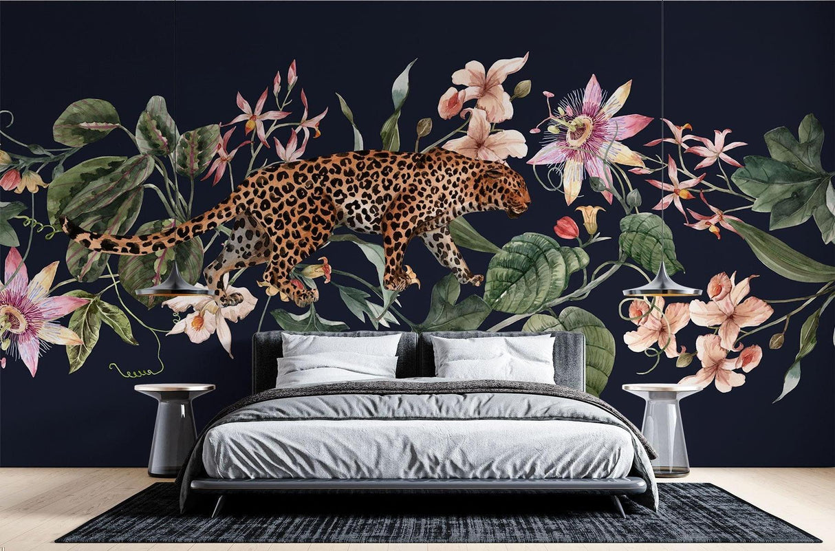 Floral leopard mural adding sophistication to dining room wall