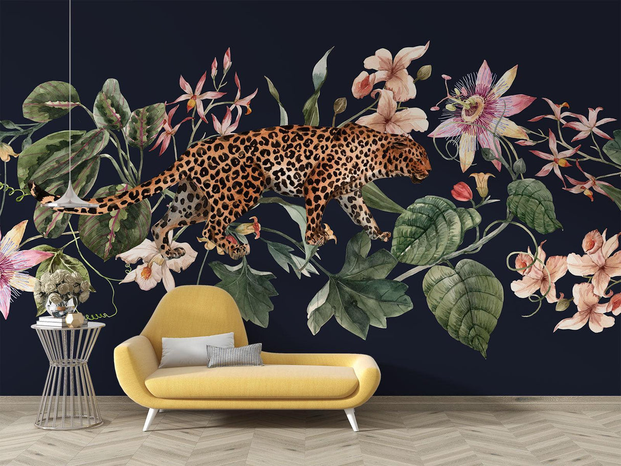Tropical leopard wallpaper transforming home office space