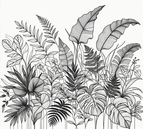 Tropical line art wallpaper design file showing detailed black and white botanical pattern