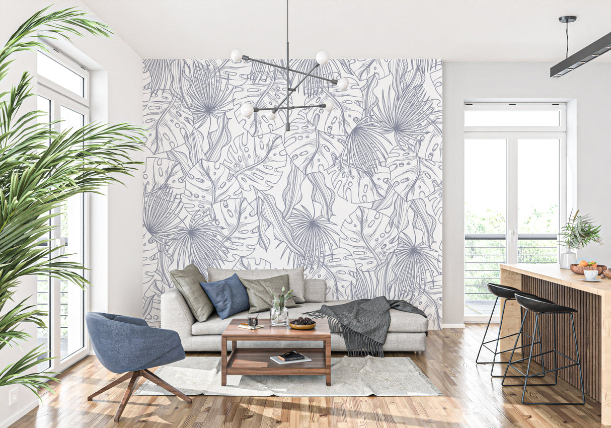 Minimalist home office featuring blue palm line art wallpaper with desk setup